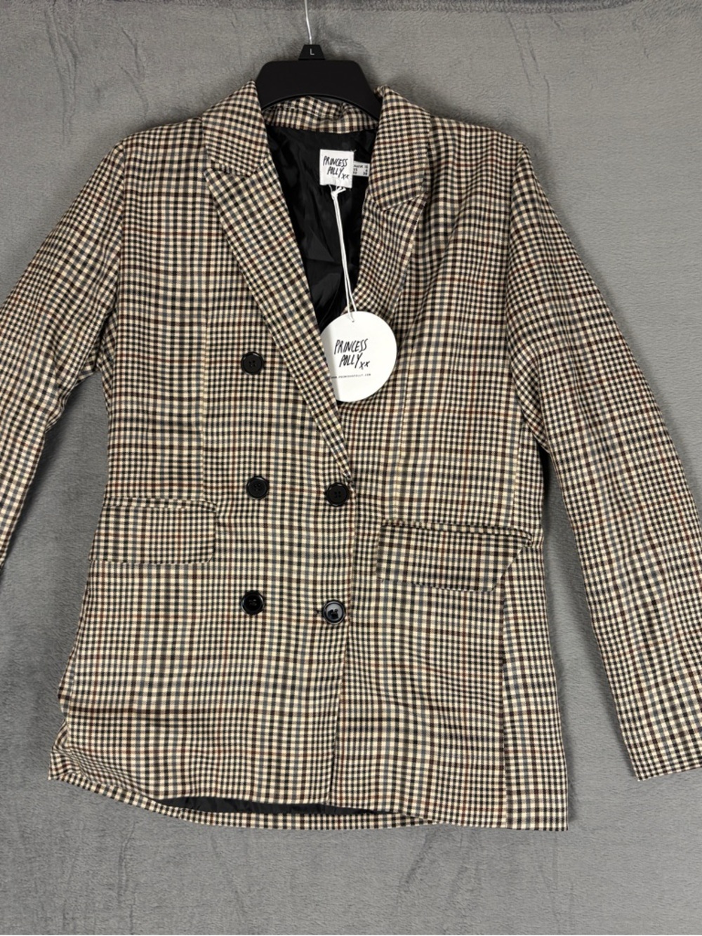 Princess Polly Brown & Black Houndstooth Double-Breasted Mrs Nancy Blazer